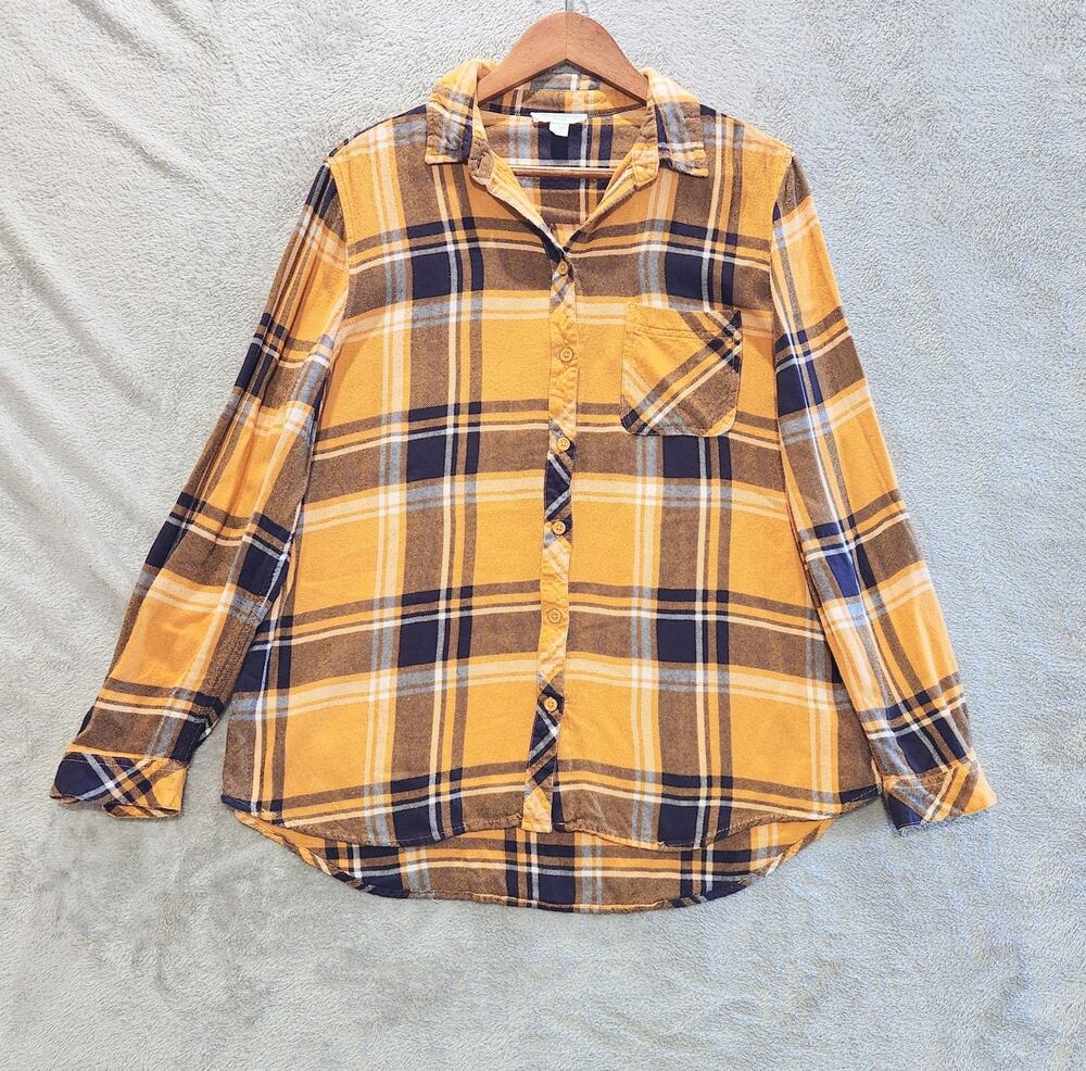 Beachlunchlounge Womens Yellow Black Plaid Button Up Shirt Size Large Western